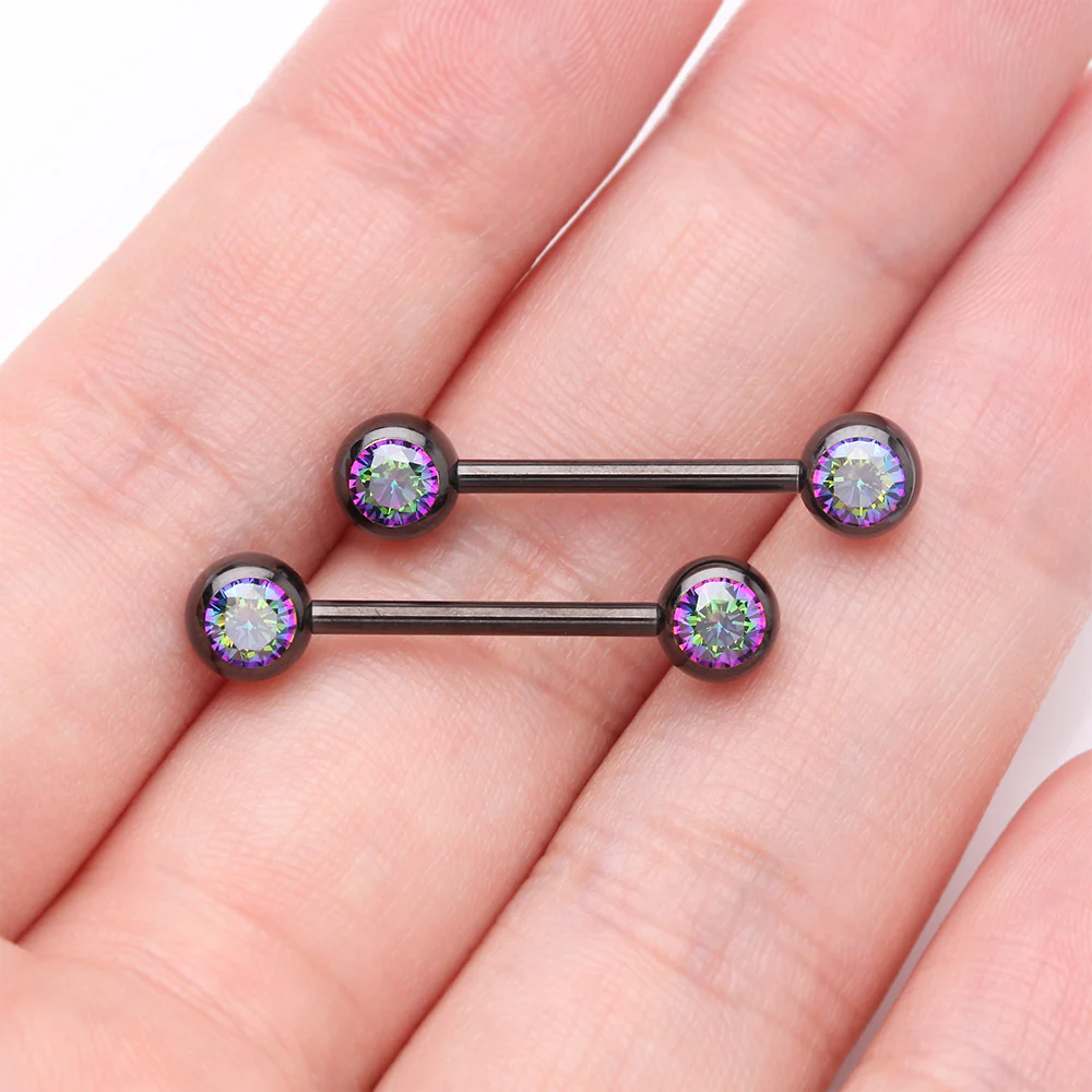 A Pair of Implant Grade Titanium Blackline Gem Ball Internally Threaded Nipple Barbell - Image 3