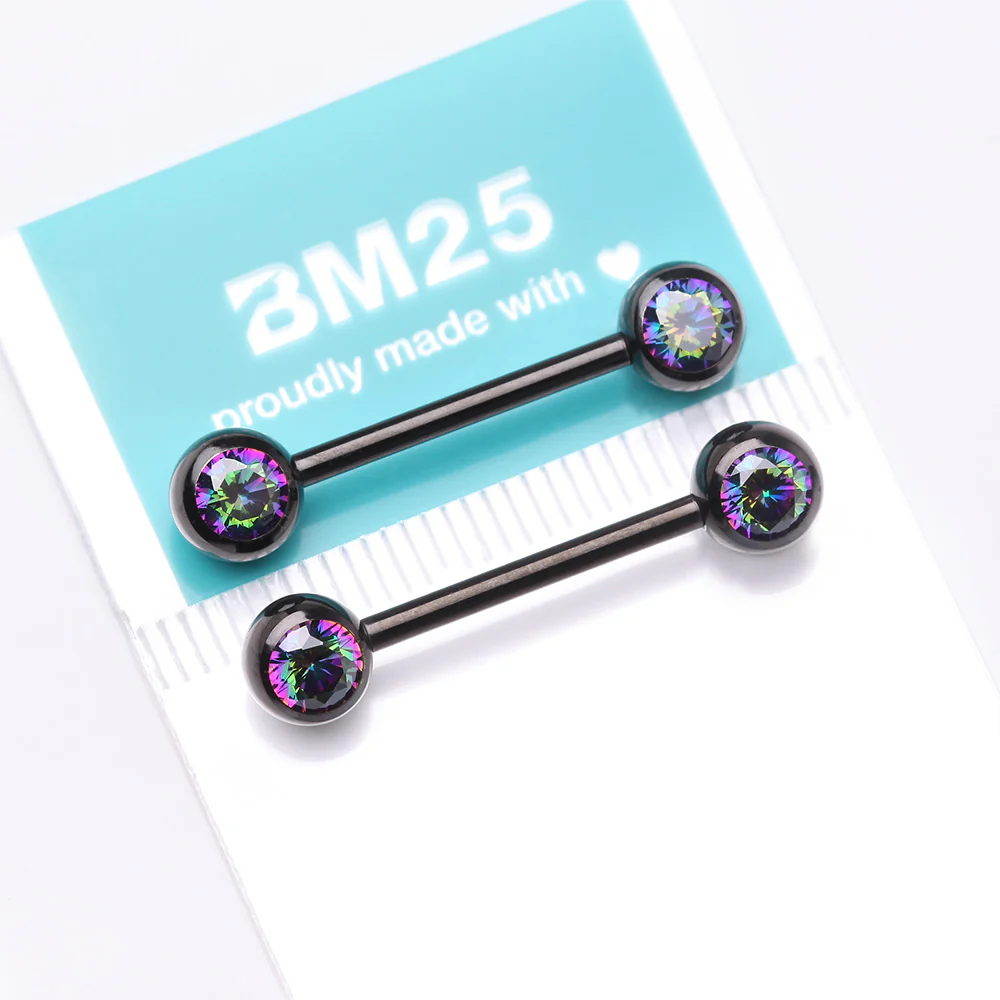 A Pair of Implant Grade Titanium Blackline Gem Ball Internally Threaded Nipple Barbell - Image 4
