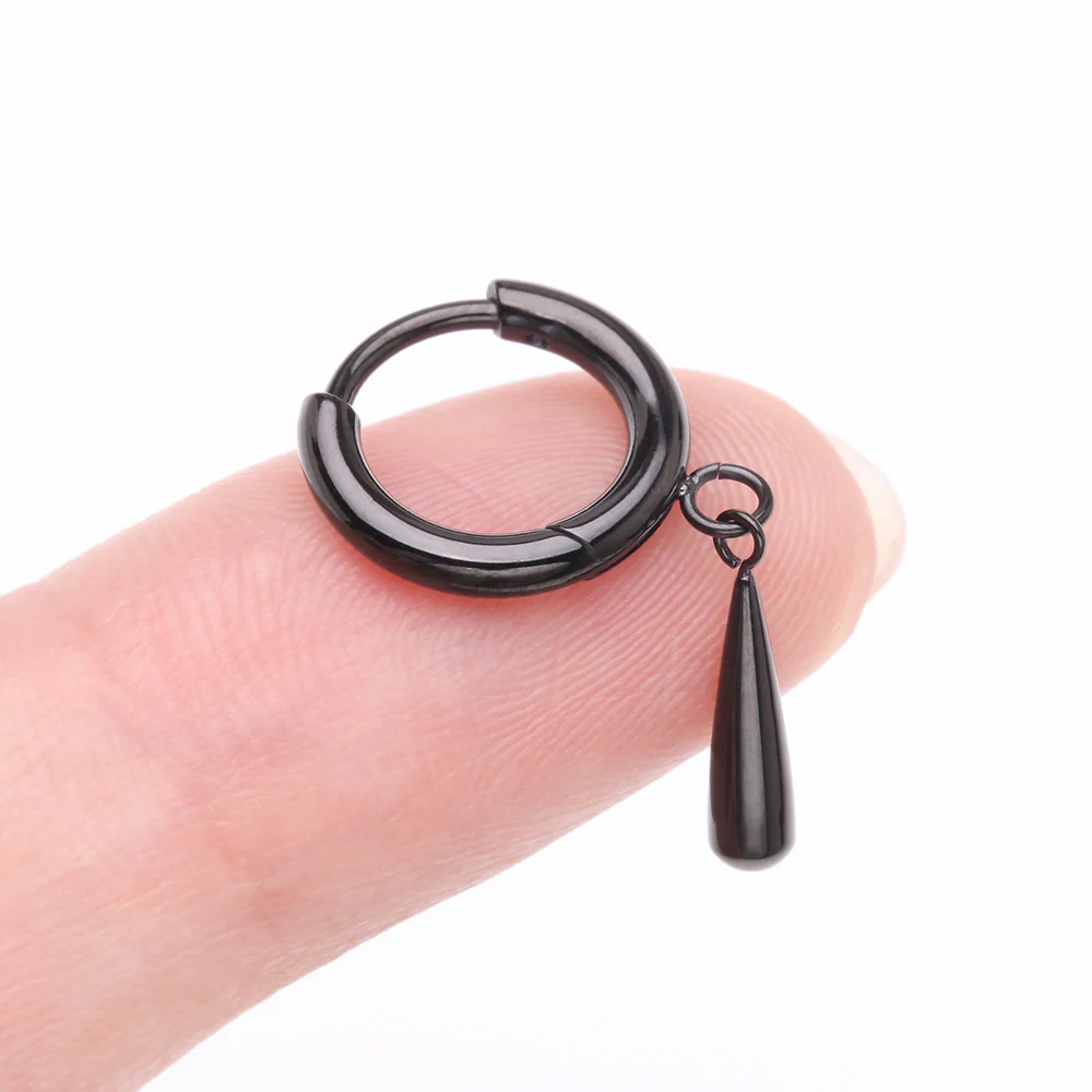 A Pair of Implant Grade Titanium Blackline Huggie Hoop Teardrop Dangle Earring - Image 3