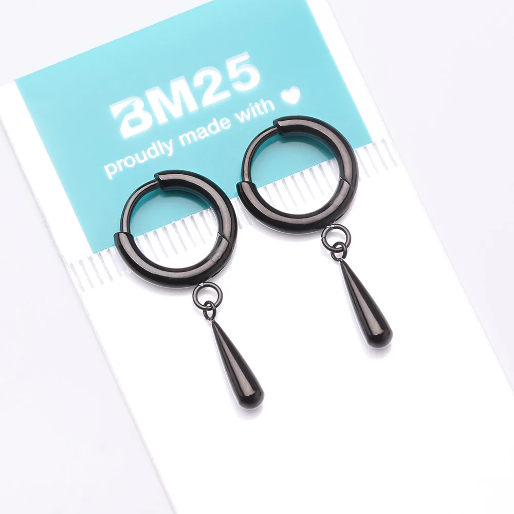 A Pair of Implant Grade Titanium Blackline Huggie Hoop Teardrop Dangle Earring - Image 4