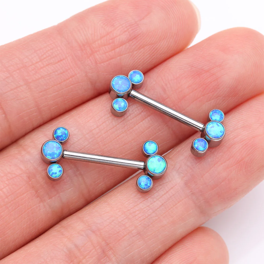 A Pair of Implant Grade Titanium Fire Opal Trio Internally Threaded Nipple Barbell - Image 3