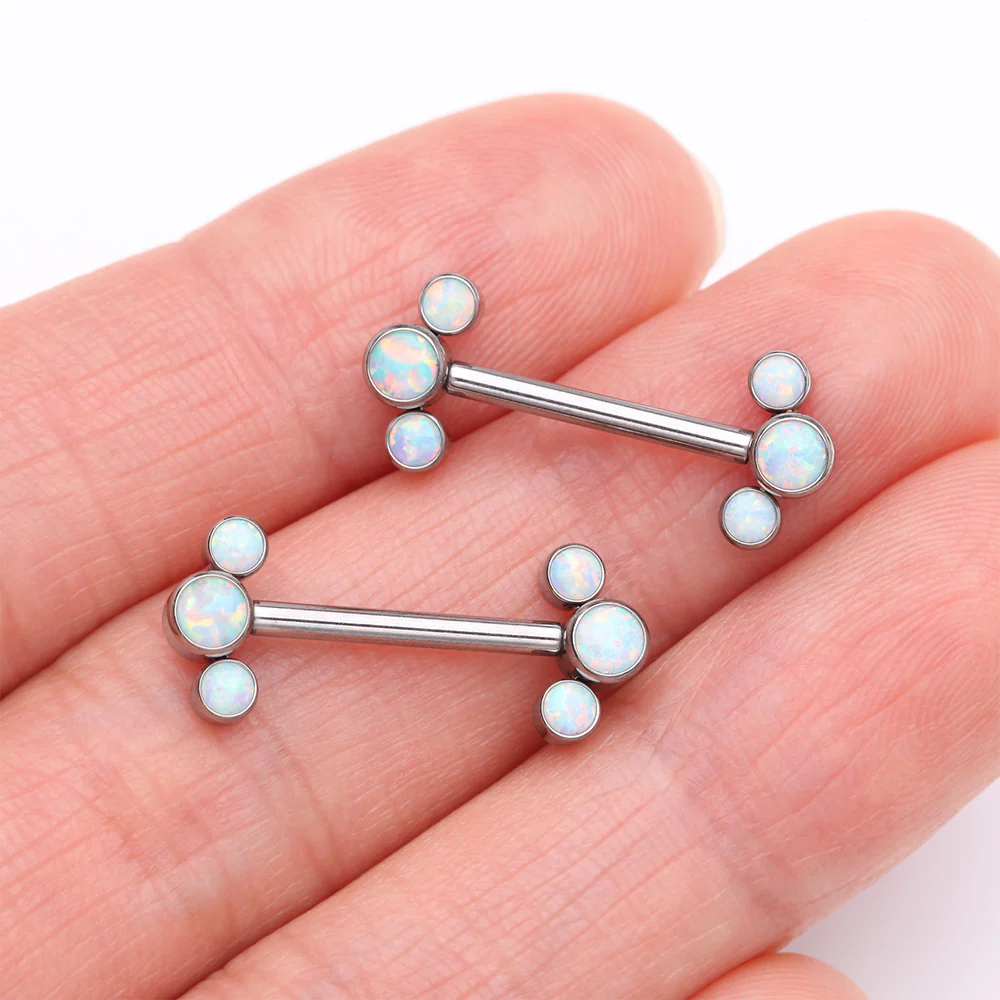 A Pair of Implant Grade Titanium Fire Opal Trio Internally Threaded Nipple Barbell - Image 3