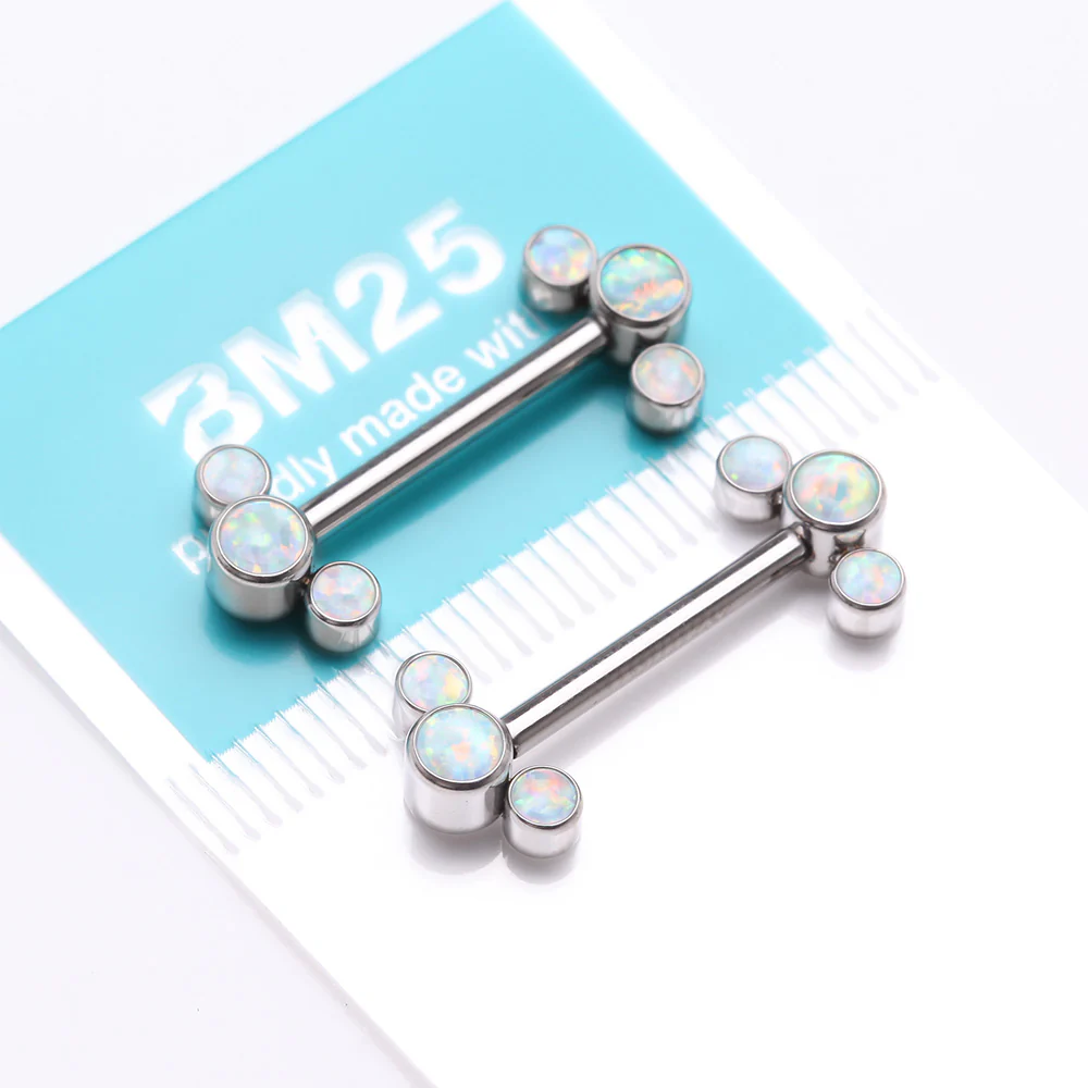 A Pair of Implant Grade Titanium Fire Opal Trio Internally Threaded Nipple Barbell - Image 4