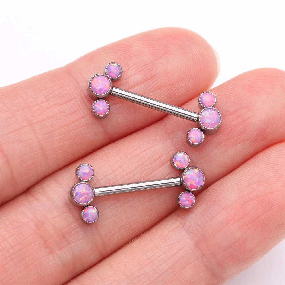 A Pair of Implant Grade Titanium Fire Opal Trio Internally Threaded Nipple Barbell - Image 3