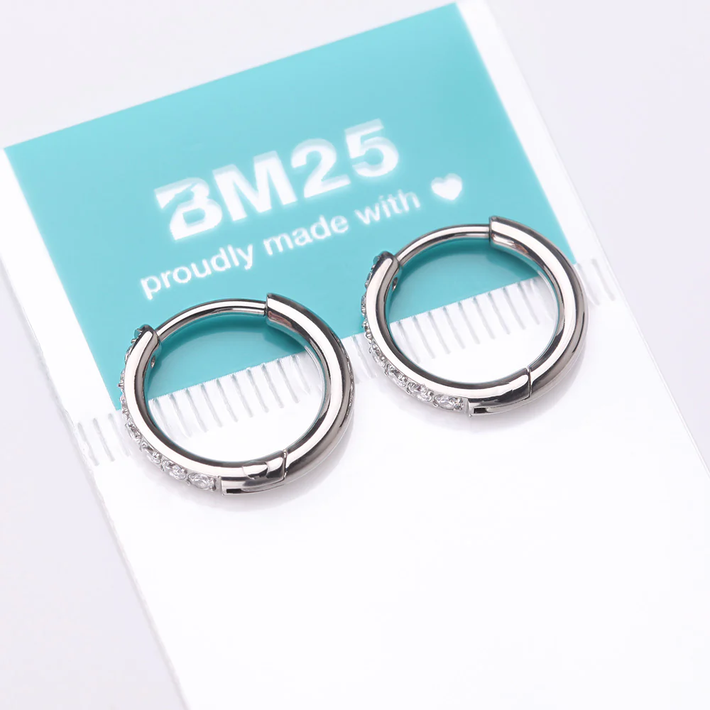 A Pair of Implant Grade Titanium Gem Lined Huggie Hoop Earring - Image 4