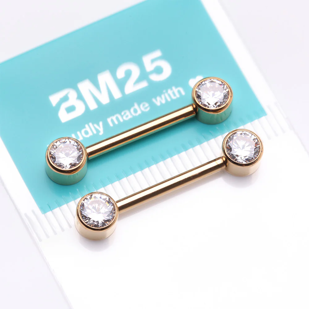A Pair of Implant Grade Titanium Golden Bezel Set Sparkle Internally Threaded Nipple Barbell - Image 4
