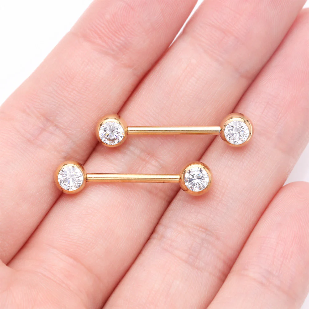 A Pair of Implant Grade Titanium Golden Gem Ball Internally Threaded Nipple Barbell - Image 3