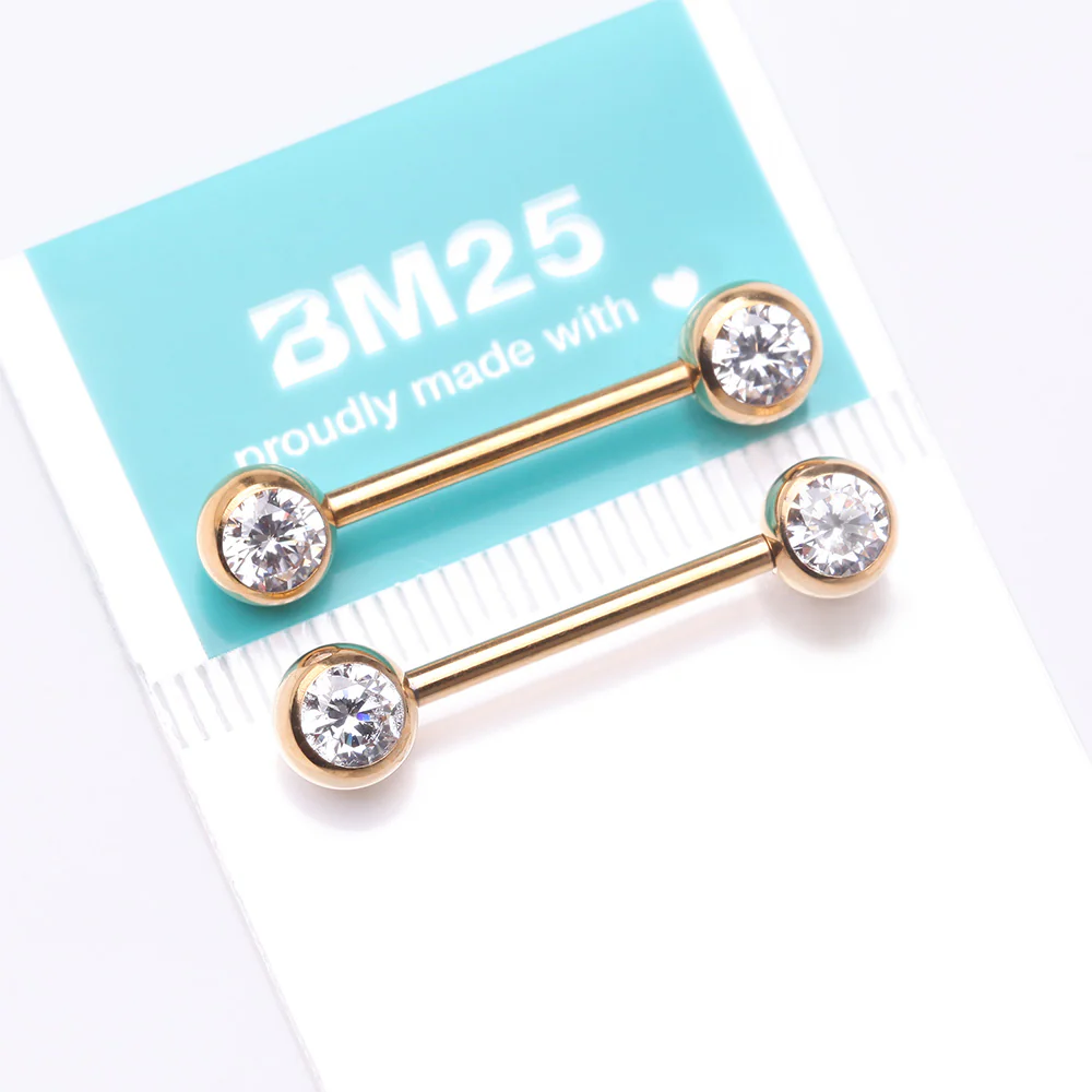 A Pair of Implant Grade Titanium Golden Gem Ball Internally Threaded Nipple Barbell - Image 4