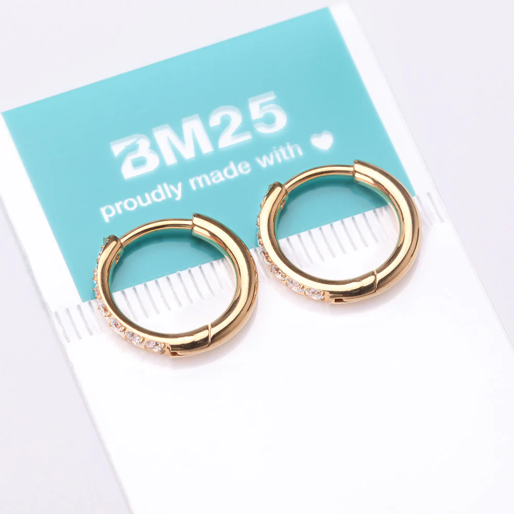 A Pair of Implant Grade Titanium Golden Gem Lined Huggie Hoop Earring - Image 4