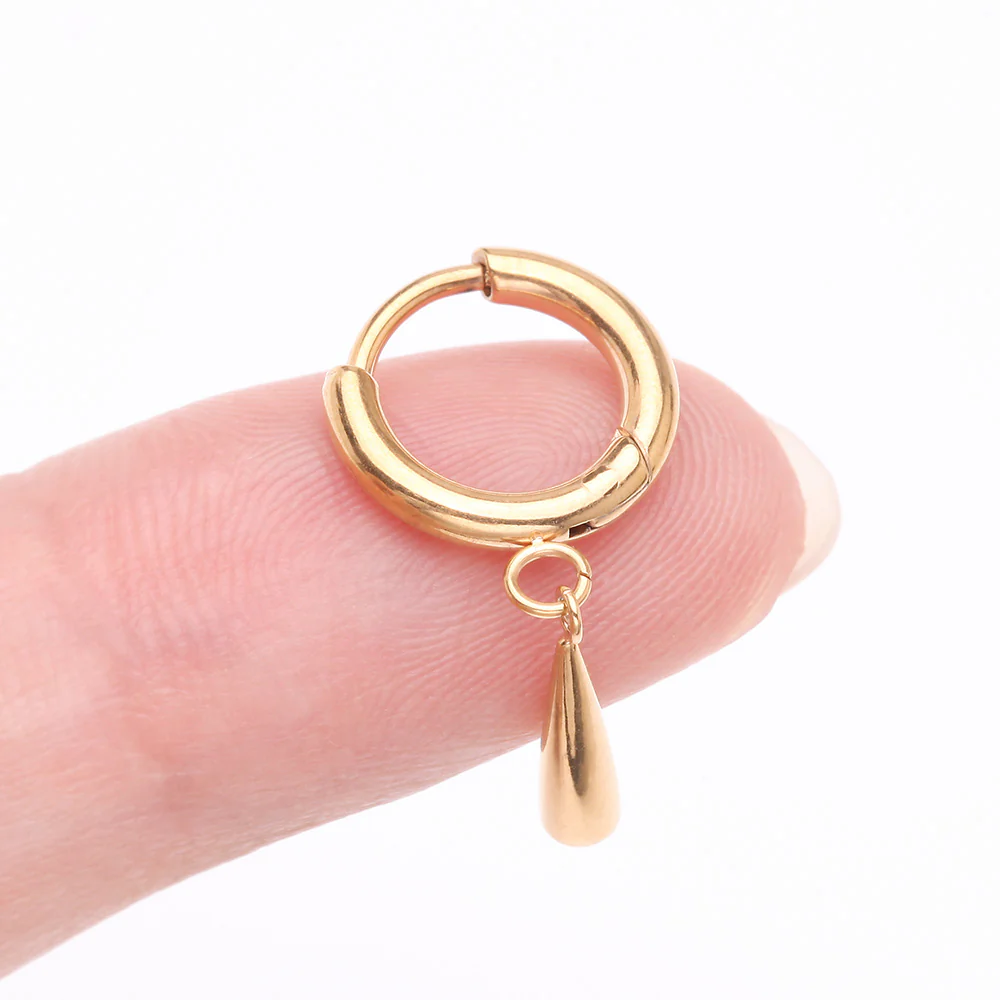A Pair of Implant Grade Titanium Golden Huggie Hoop Teardrop Dangle Earring - Image 3