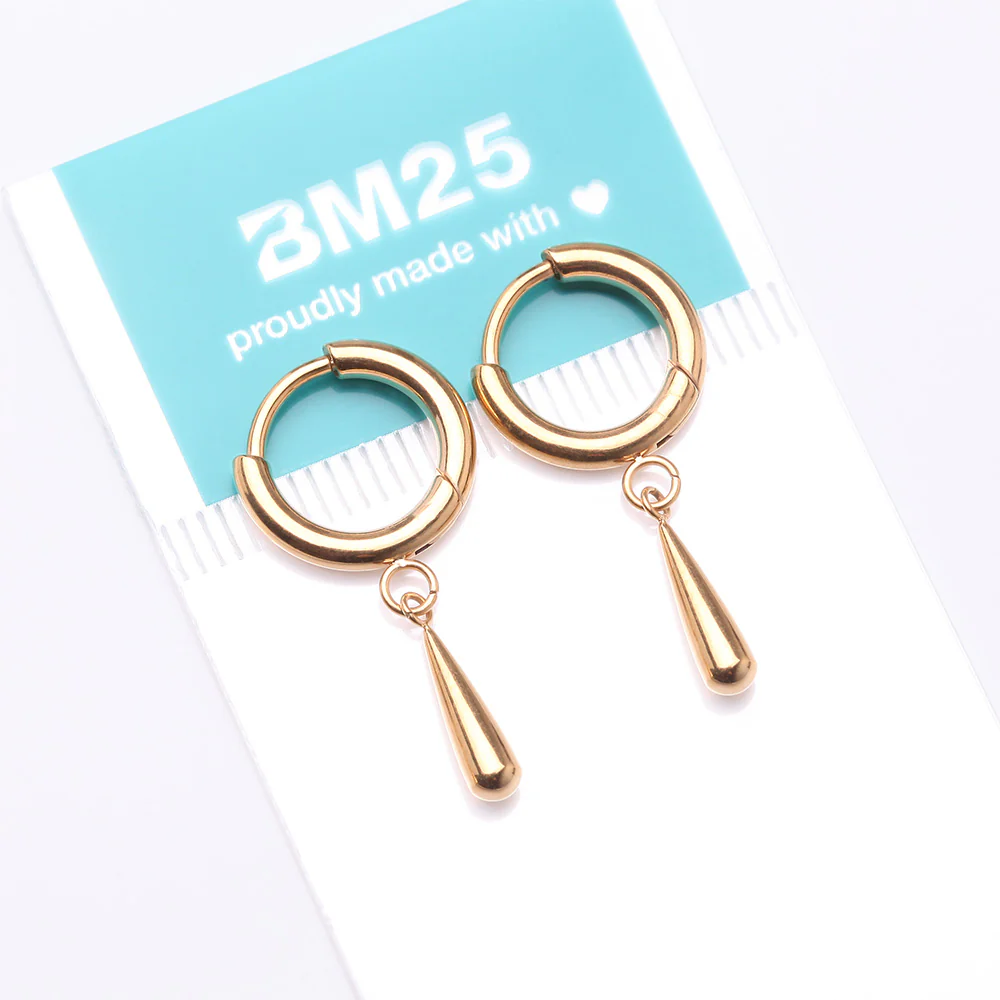 A Pair of Implant Grade Titanium Golden Huggie Hoop Teardrop Dangle Earring - Image 4