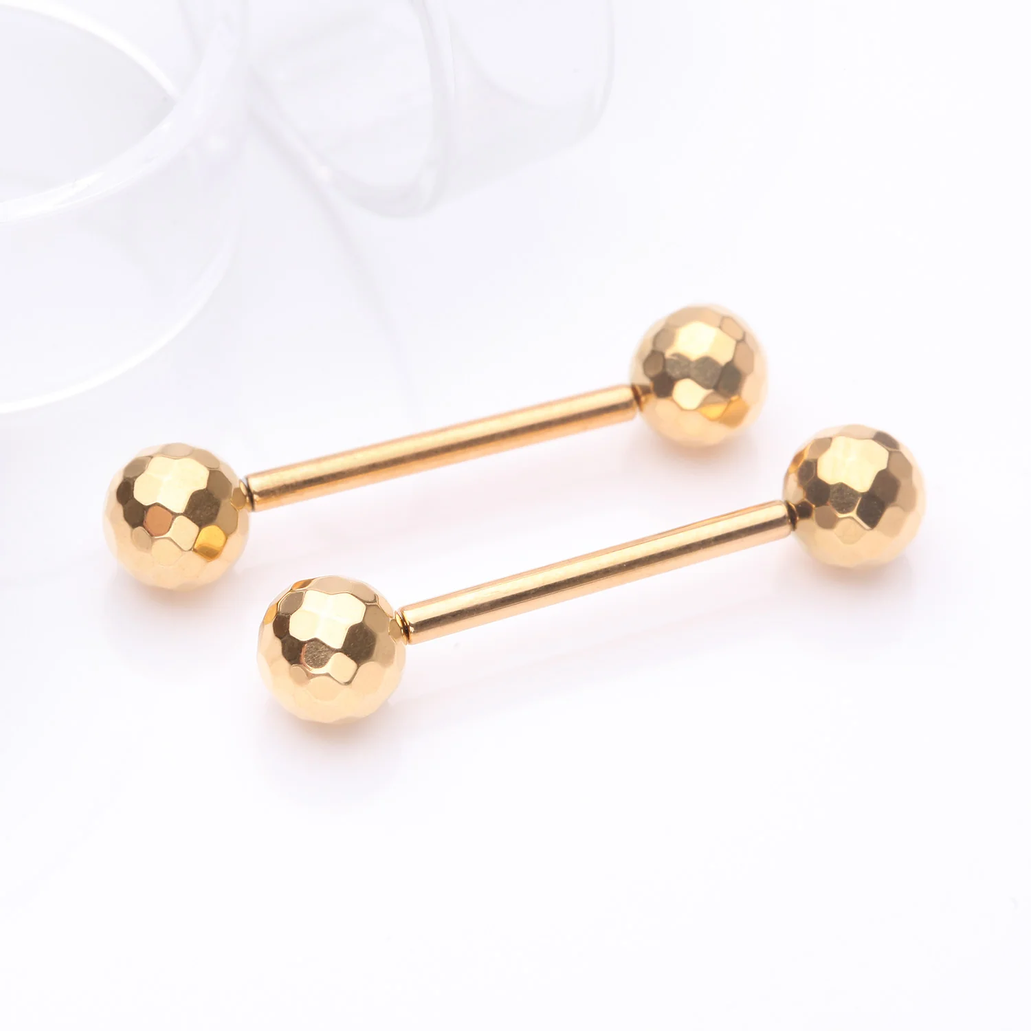 A Pair of Implant Grade Titanium Golden Multi-Faceted OneFit Threadless Nipple Barbell - Image 2