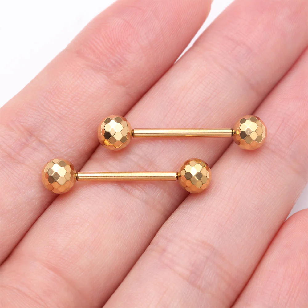 A Pair of Implant Grade Titanium Golden Multi-Faceted OneFit Threadless Nipple Barbell - Image 3
