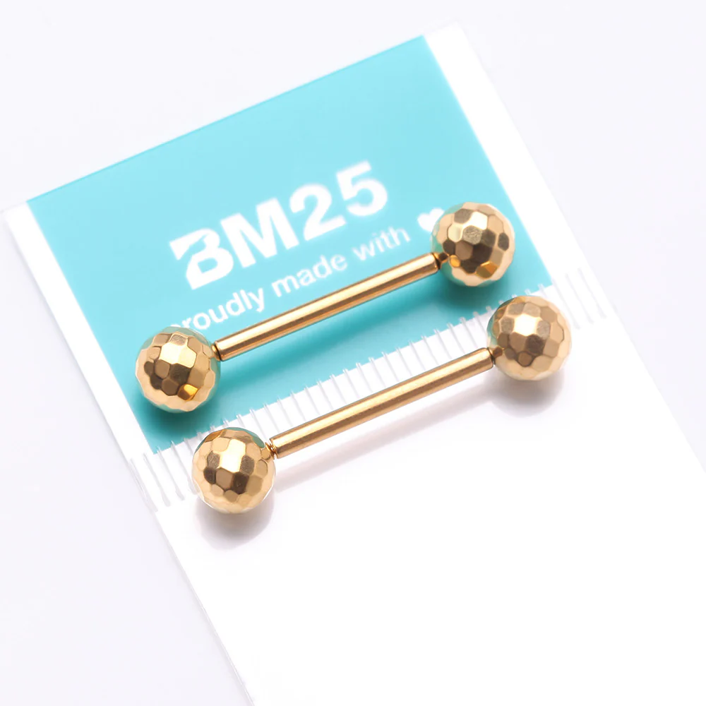 A Pair of Implant Grade Titanium Golden Multi-Faceted OneFit Threadless Nipple Barbell - Image 4