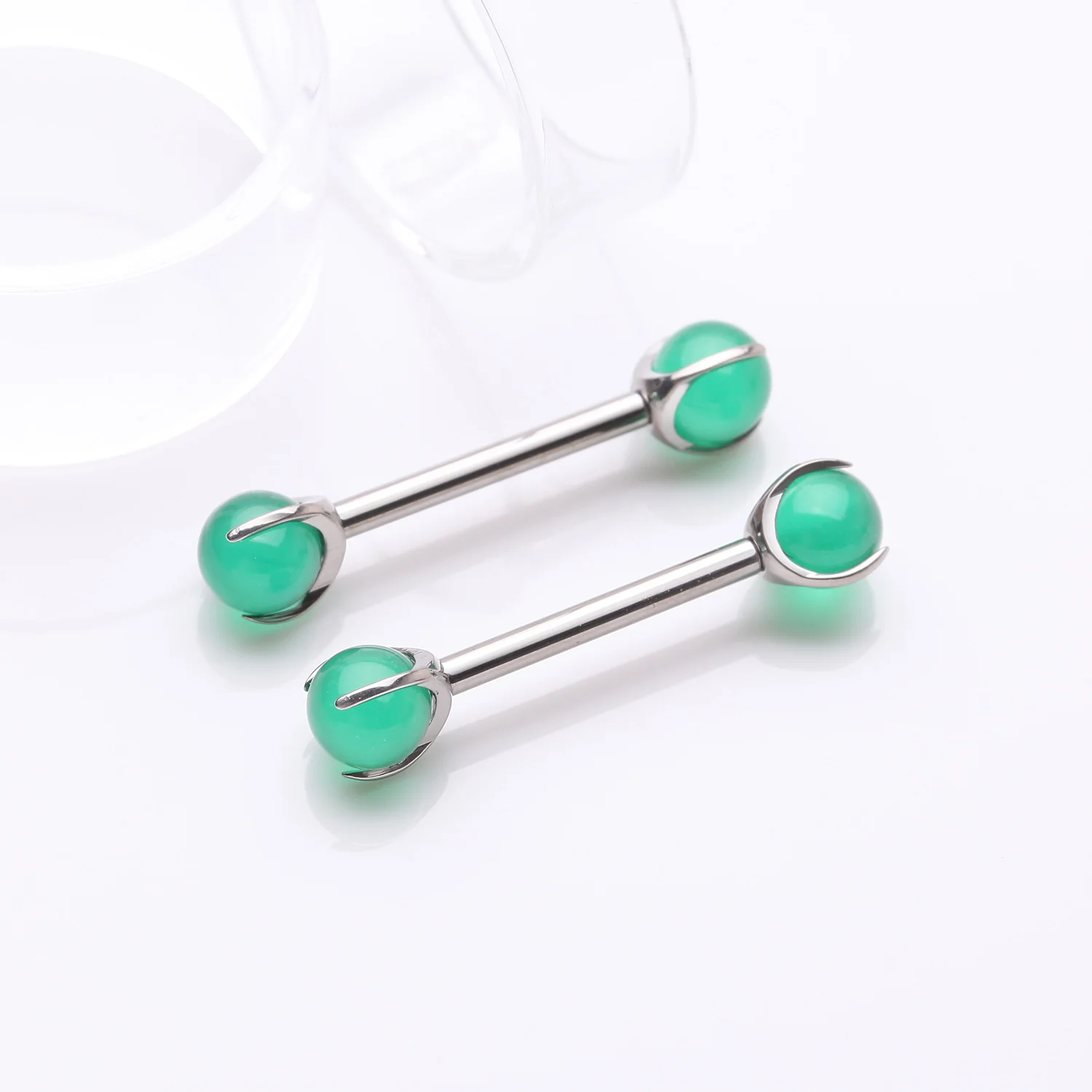 A Pair of Implant Grade Titanium Green Jade Stone Ball Claw Prong Internally Threaded Nipple Barbell - Image 2