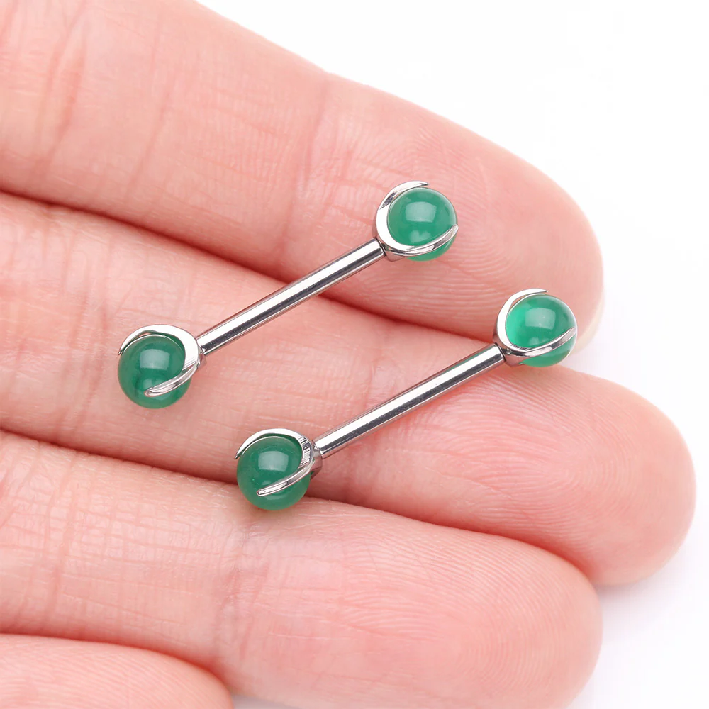 A Pair of Implant Grade Titanium Green Jade Stone Ball Claw Prong Internally Threaded Nipple Barbell - Image 3