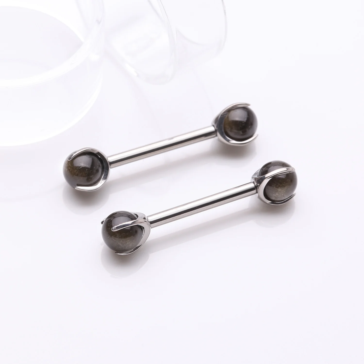 A Pair of Implant Grade Titanium Obsidian Stone Ball Claw Prong Internally Threaded Nipple Barbell - Image 2