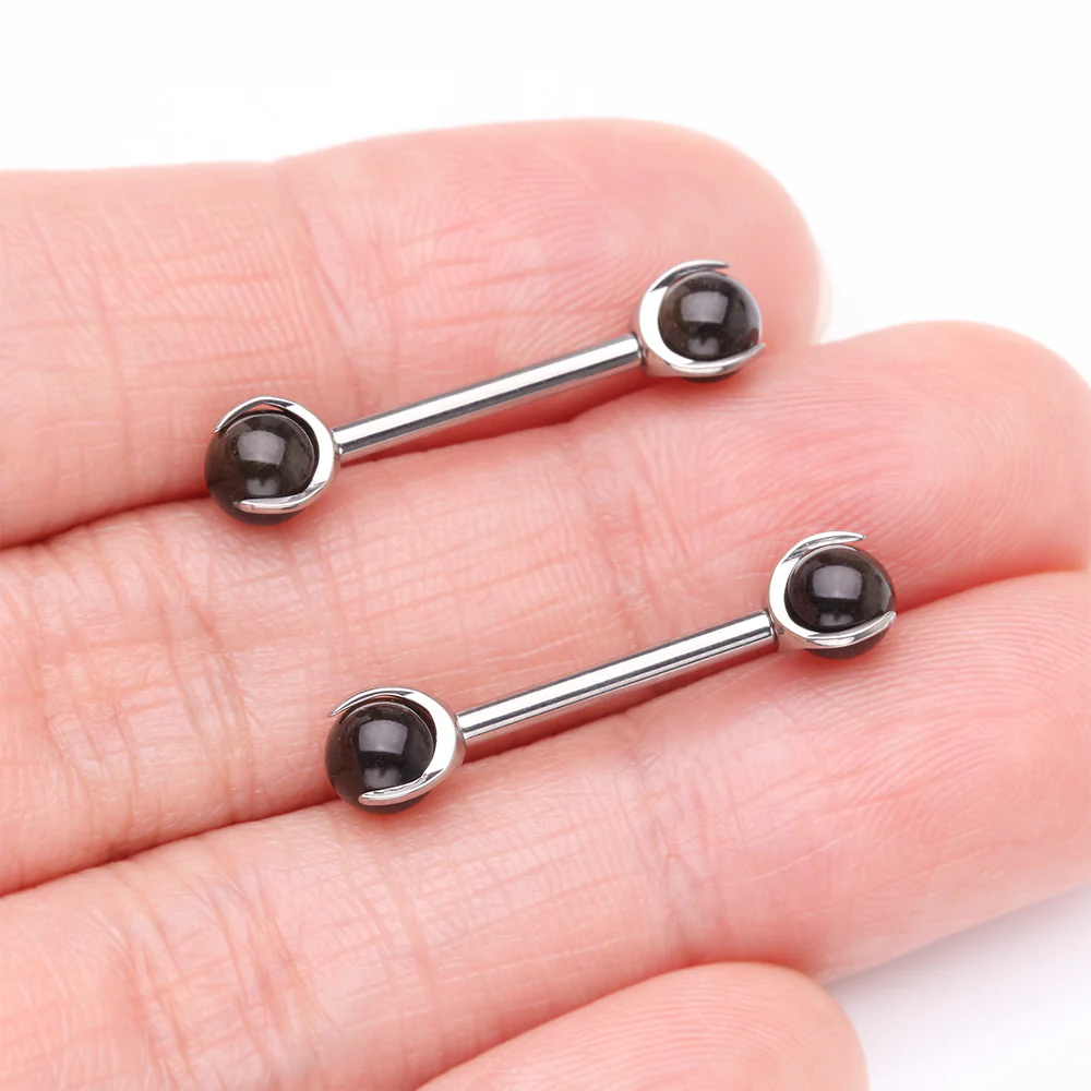 A Pair of Implant Grade Titanium Obsidian Stone Ball Claw Prong Internally Threaded Nipple Barbell - Image 3