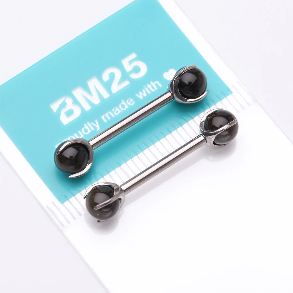 A Pair of Implant Grade Titanium Obsidian Stone Ball Claw Prong Internally Threaded Nipple Barbell - Image 5