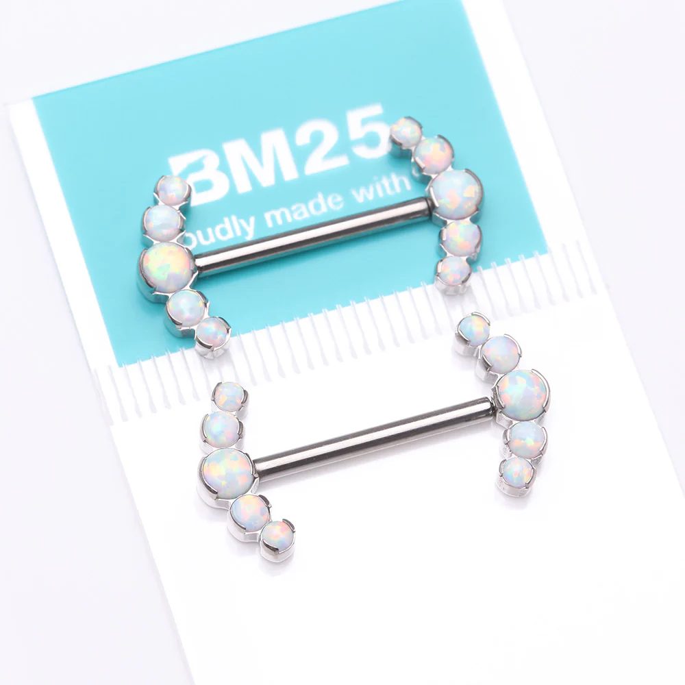 A Pair of Implant Grade Titanium Threadless Fire Opal Ray Multi-Gem Nipple Barbell - Image 4