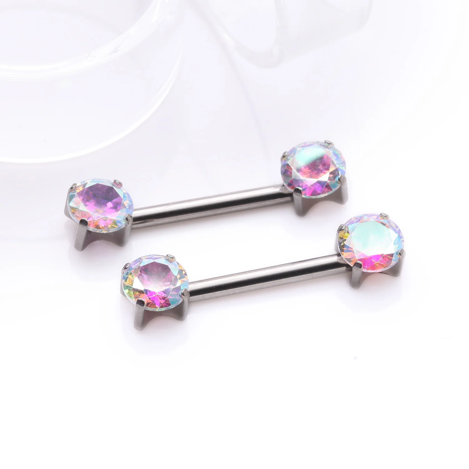 A Pair of Implant Grade Titanium OneFit Threadless Prong Gem Sparkle Nipple Barbell - Image 2