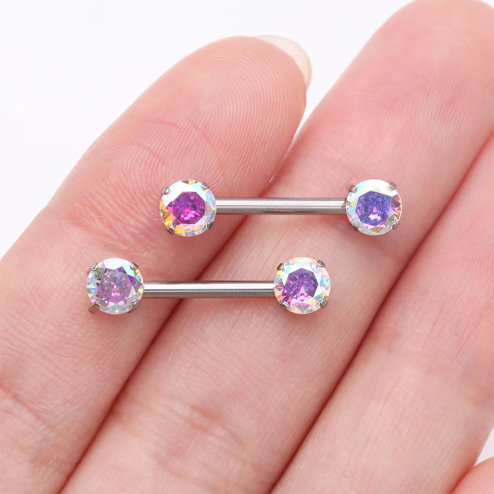A Pair of Implant Grade Titanium OneFit Threadless Prong Gem Sparkle Nipple Barbell - Image 3