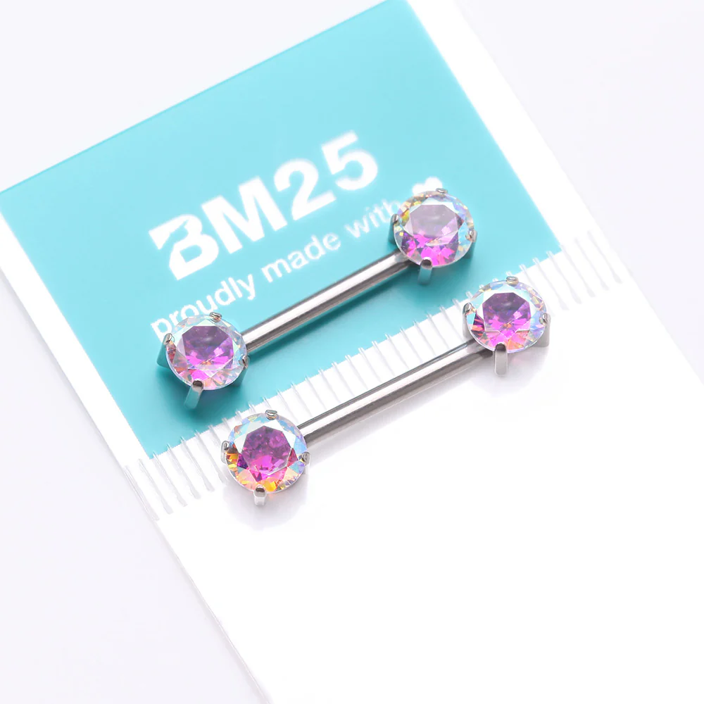 A Pair of Implant Grade Titanium OneFit Threadless Prong Gem Sparkle Nipple Barbell - Image 4