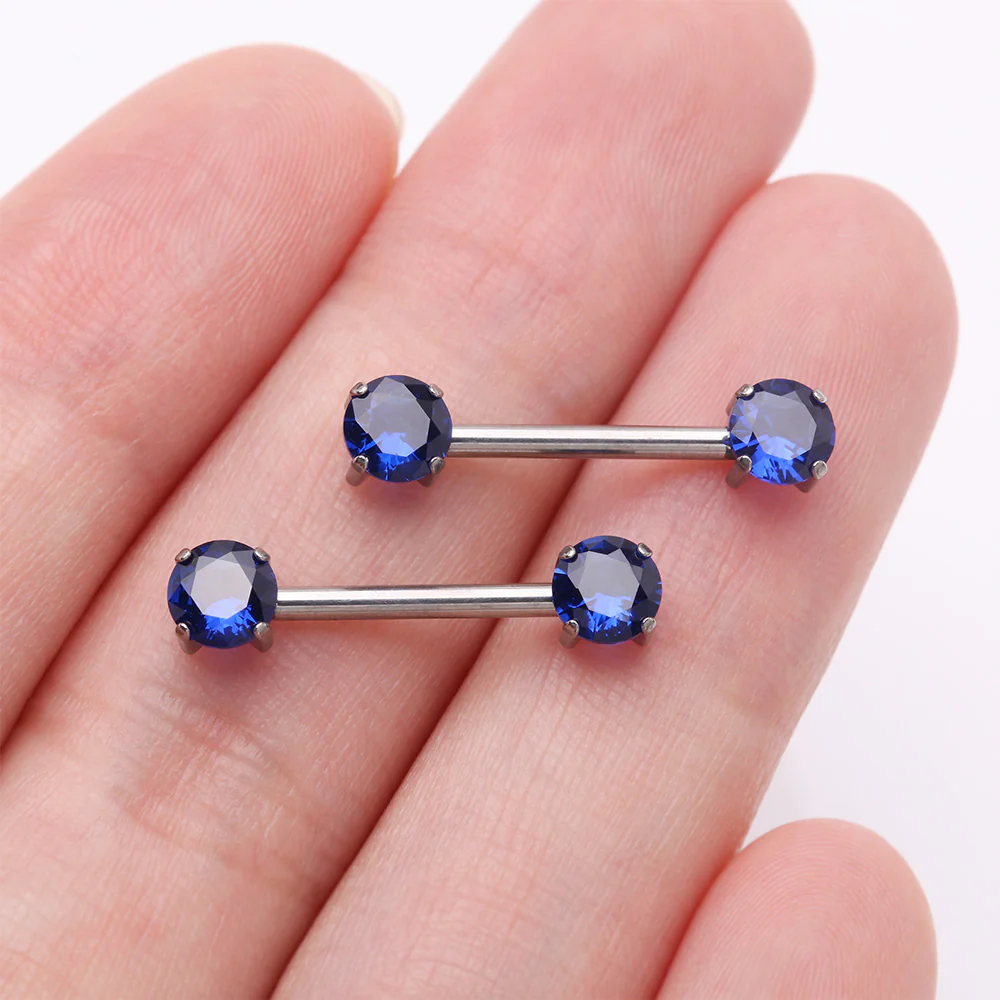 A Pair of Implant Grade Titanium OneFit Threadless Prong Gem Sparkle Nipple Barbell - Image 3