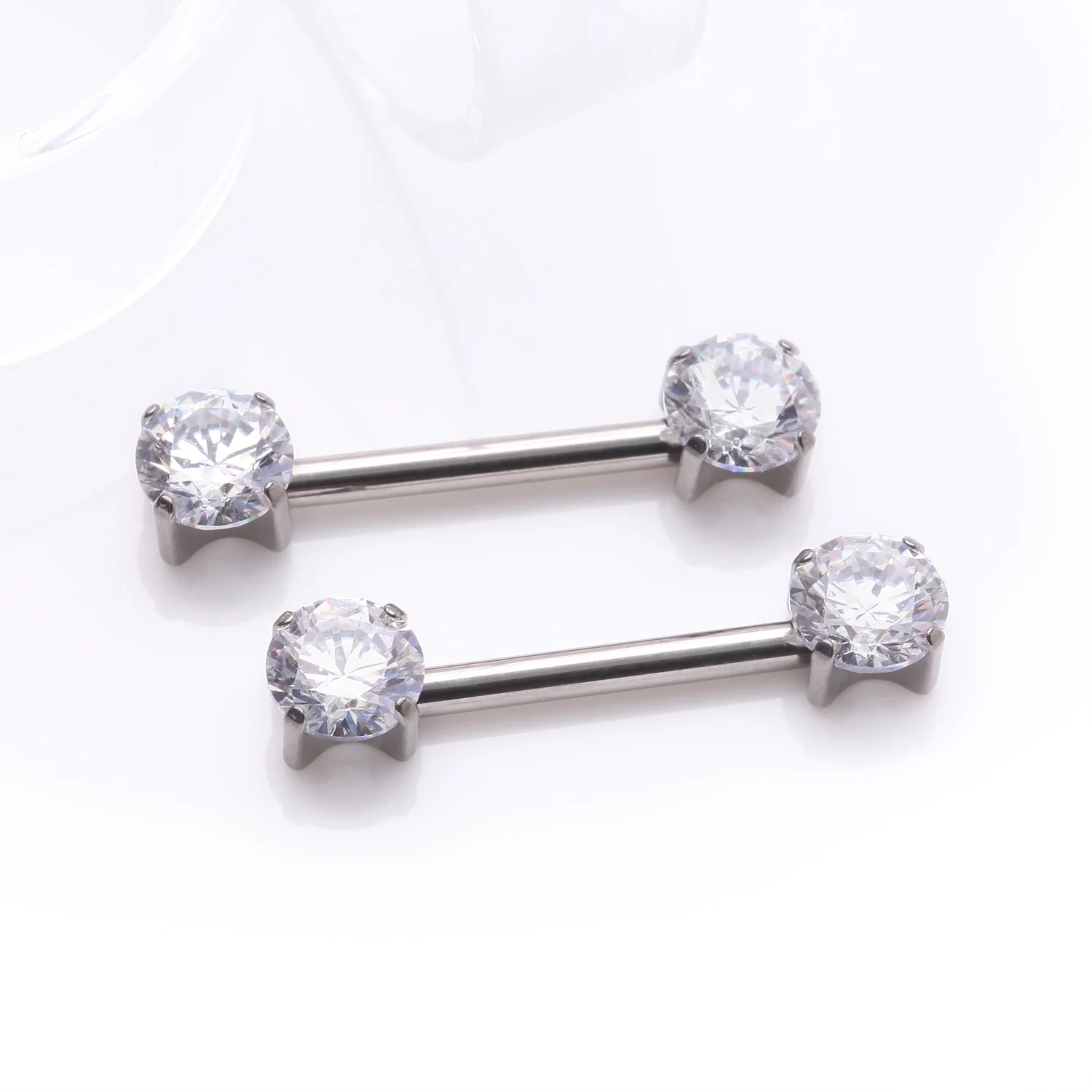 A Pair of Implant Grade Titanium OneFit Threadless Prong Gem Sparkle Nipple Barbell - Image 2