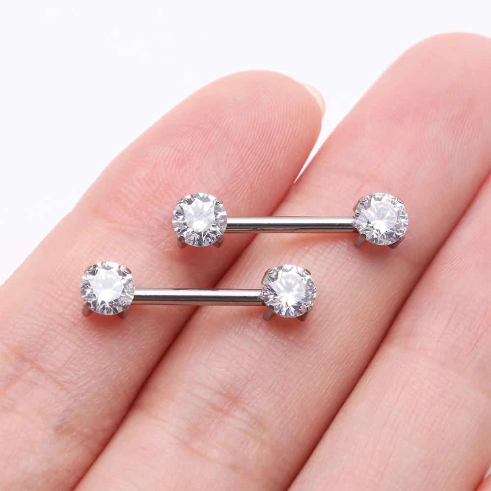 A Pair of Implant Grade Titanium OneFit Threadless Prong Gem Sparkle Nipple Barbell - Image 3
