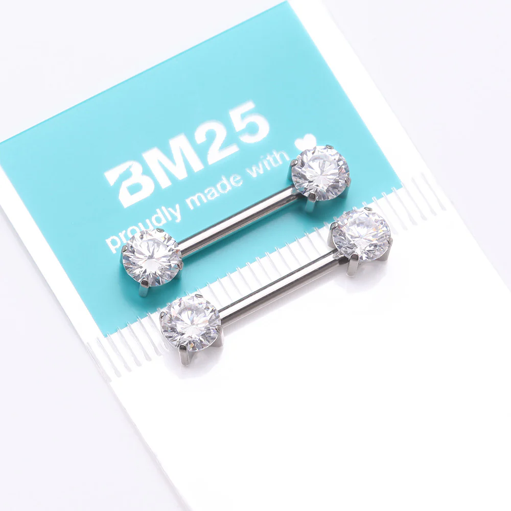 A Pair of Implant Grade Titanium OneFit Threadless Prong Gem Sparkle Nipple Barbell - Image 4