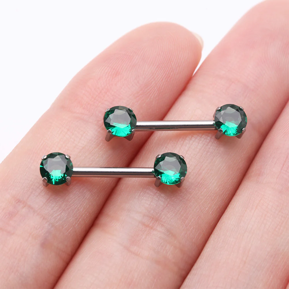 A Pair of Implant Grade Titanium OneFit Threadless Prong Gem Sparkle Nipple Barbell - Image 3