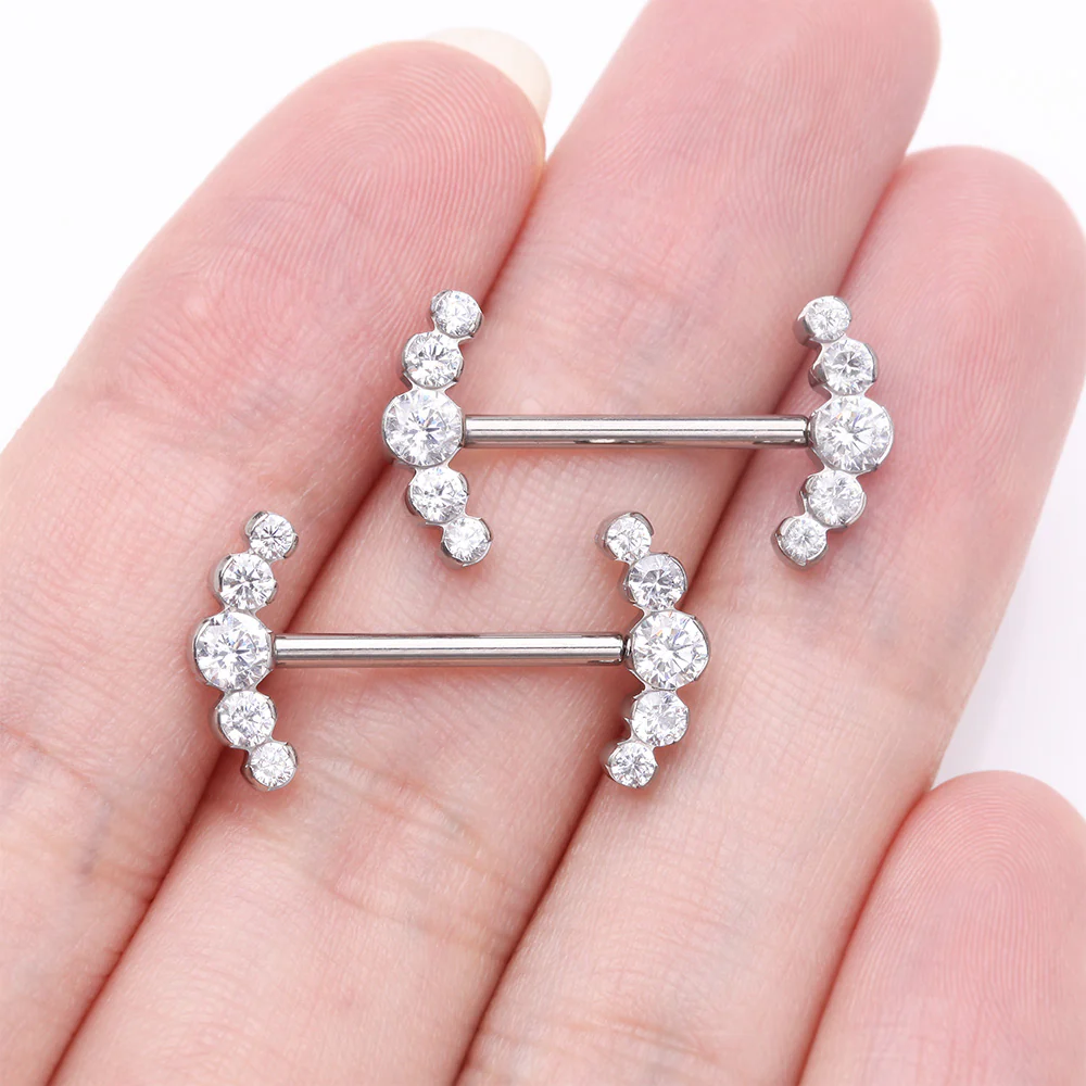 A Pair of Implant Grade Titanium Threadless Sparkle Ray Multi-Gem Nipple Barbell - Image 3