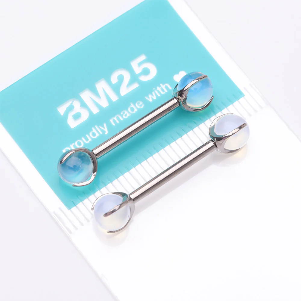 A Pair of Implant Grade Titanium Opalite Stone Ball Claw Prong Internally Threaded Nipple Barbell - Image 5