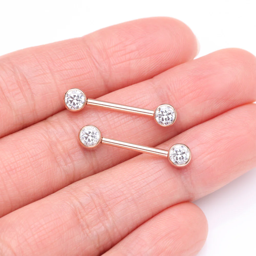A Pair of Implant Grade Titanium Rose Gold Bezel Set Sparkle Internally Threaded Nipple Barbell - Image 3
