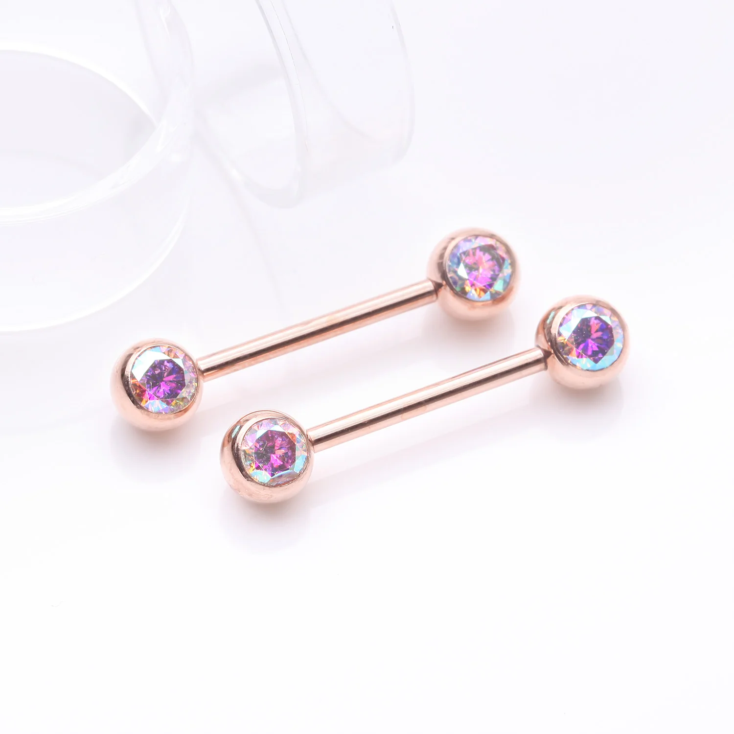 A Pair of Implant Grade Titanium Rose Gold Gem Ball Internally Threaded Nipple Barbell - Image 2