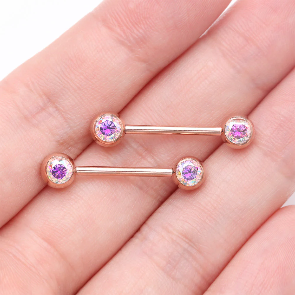 A Pair of Implant Grade Titanium Rose Gold Gem Ball Internally Threaded Nipple Barbell - Image 3