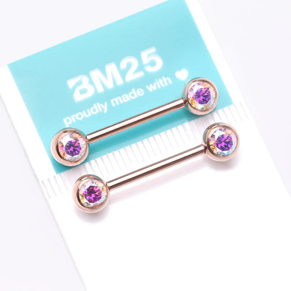 A Pair of Implant Grade Titanium Rose Gold Gem Ball Internally Threaded Nipple Barbell - Image 4