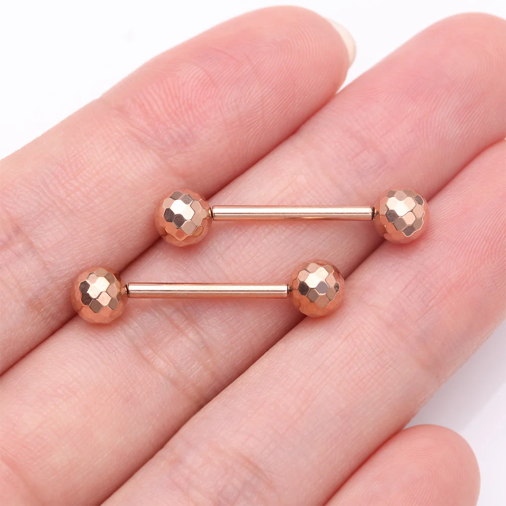 A Pair of Implant Grade Titanium Rose Gold Multi-Faceted OneFit Threadless Nipple Barbell - Image 3
