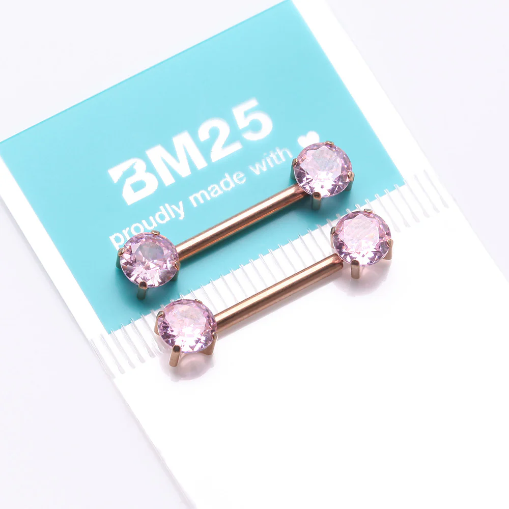 A Pair of Implant Grade Titanium Rose Gold OneFit Threadless Prong Gem Sparkle Nipple Barbell - Image 4