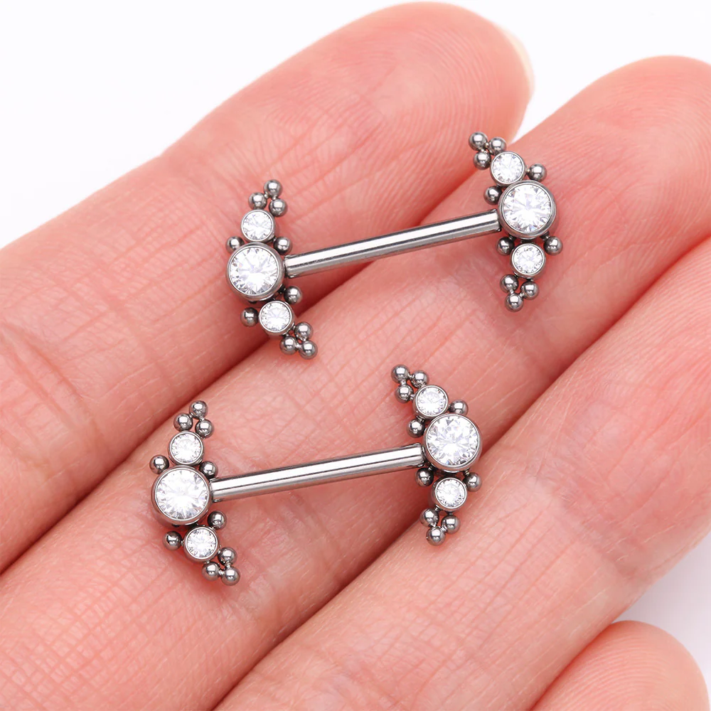 A Pair of Implant Grade Titanium Sparkle Bali Arc Internally Threaded Nipple Barbell - Image 3