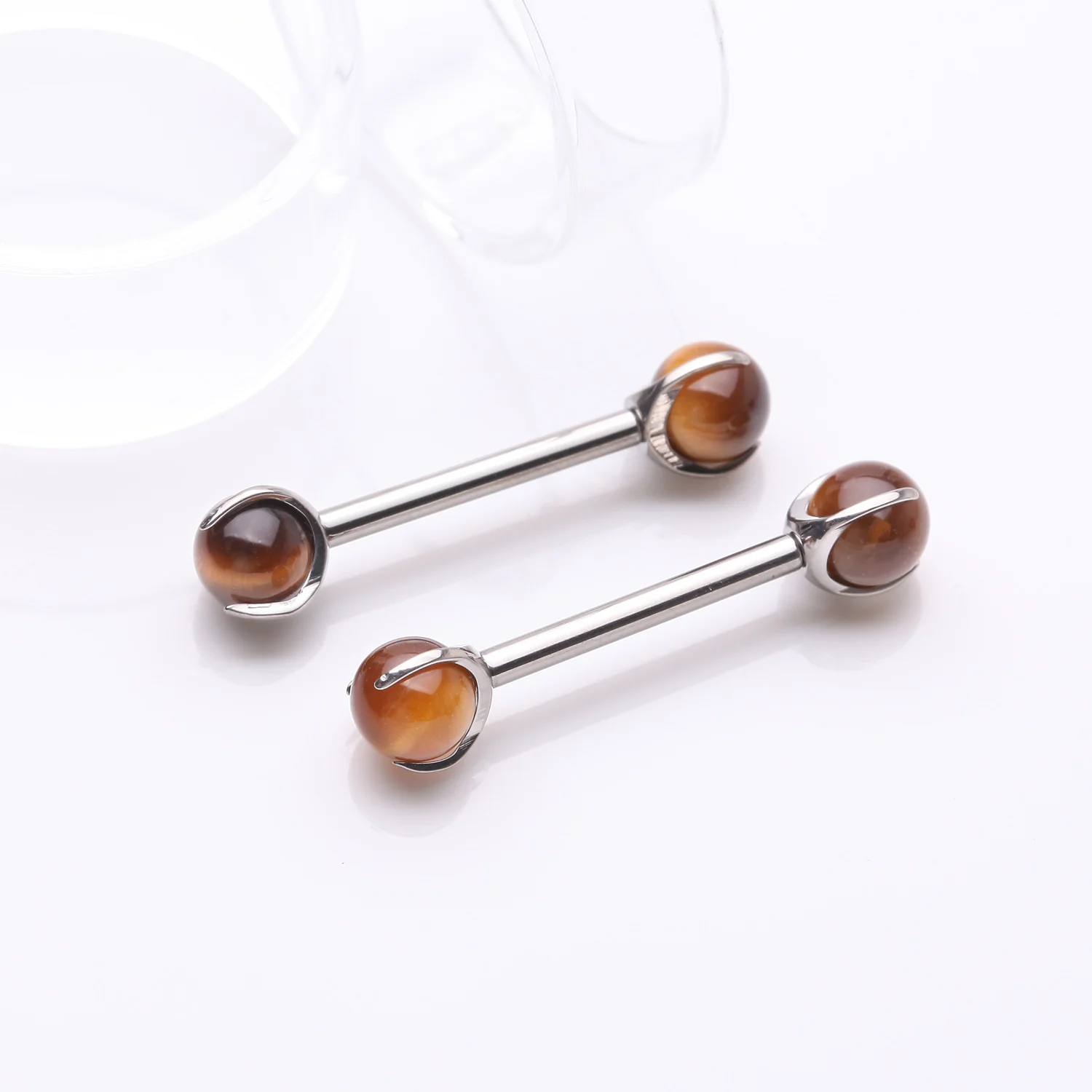 A Pair of Implant Grade Titanium Tiger Eye Stone Ball Claw Prong Internally Threaded Nipple Barbell - Image 2