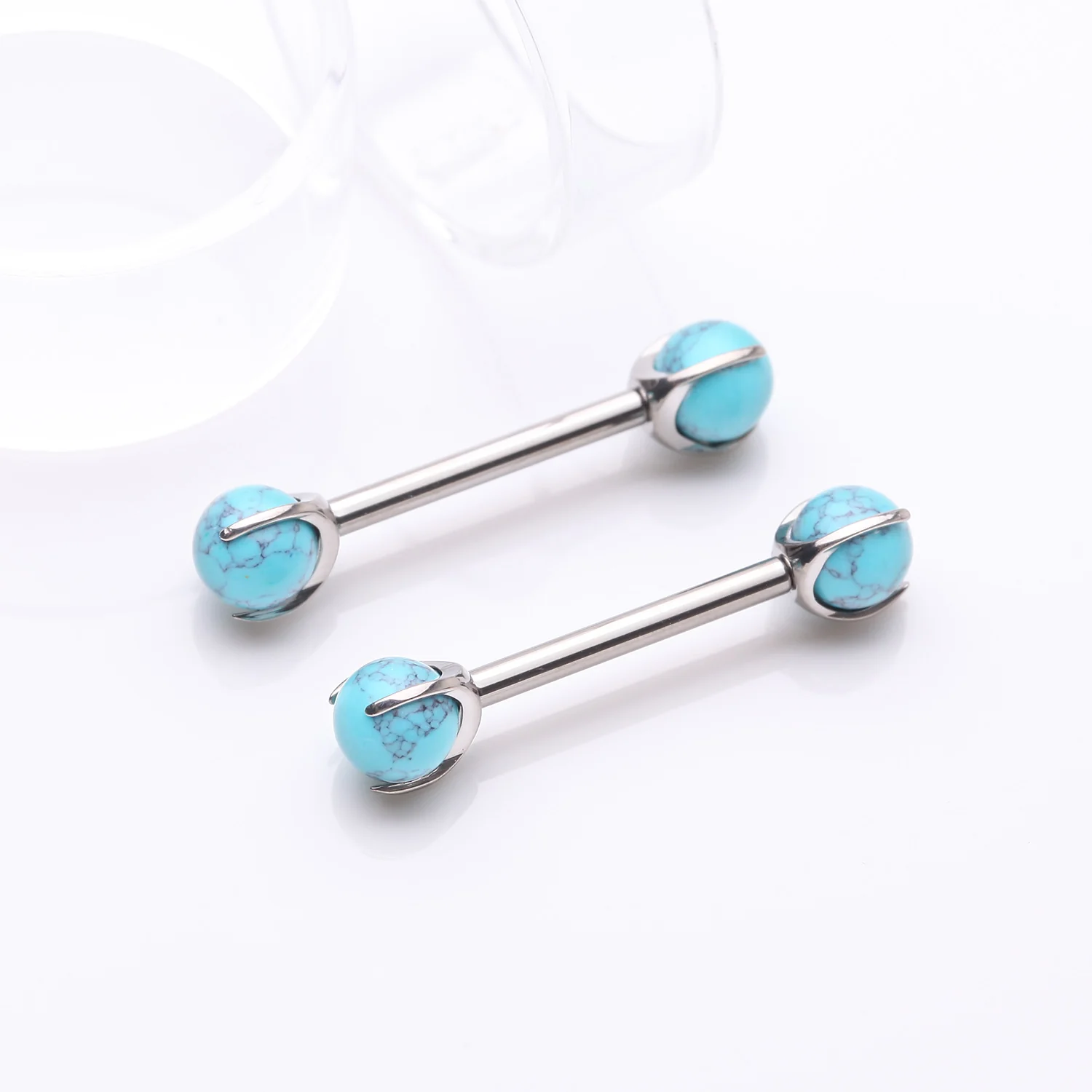 A Pair of Implant Grade Titanium Turquoise Stone Ball Claw Prong Internally Threaded Nipple Barbell - Image 2