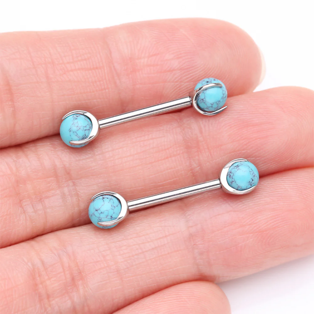 A Pair of Implant Grade Titanium Turquoise Stone Ball Claw Prong Internally Threaded Nipple Barbell - Image 3