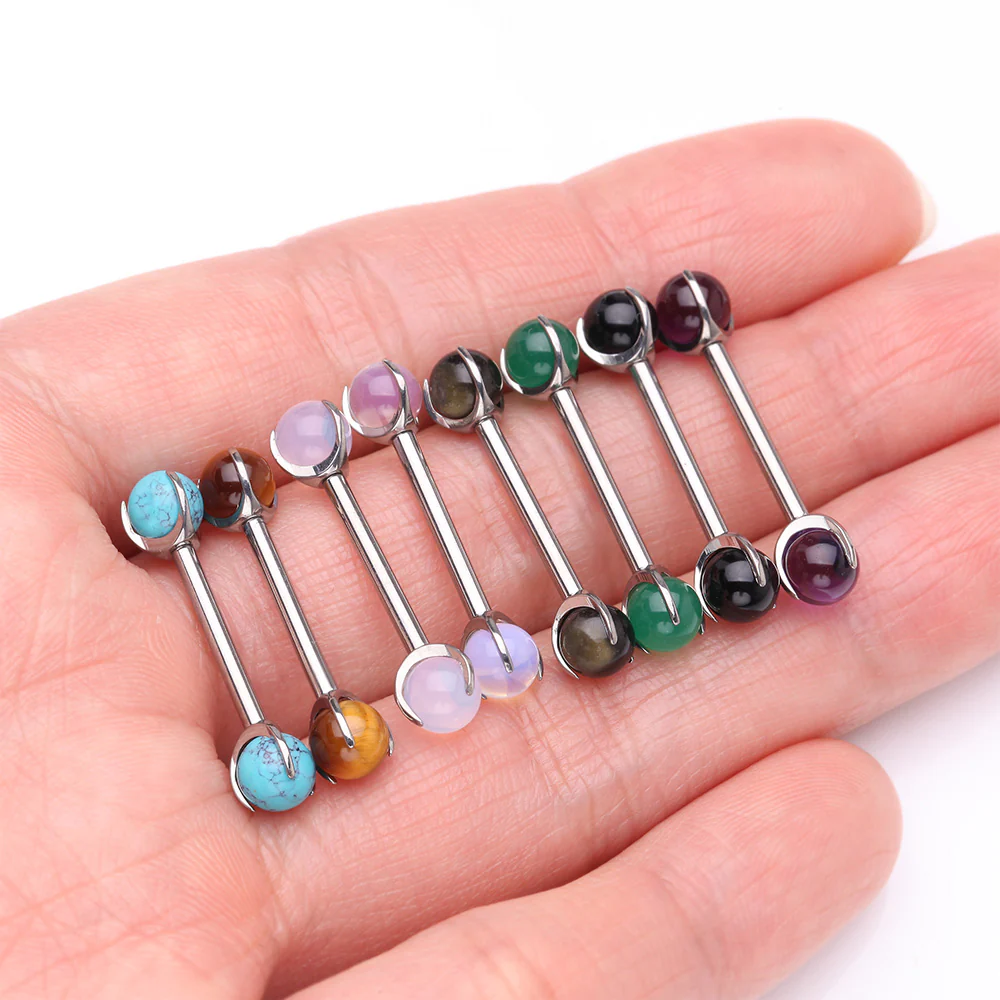 A Pair of Implant Grade Titanium Turquoise Stone Ball Claw Prong Internally Threaded Nipple Barbell - Image 4