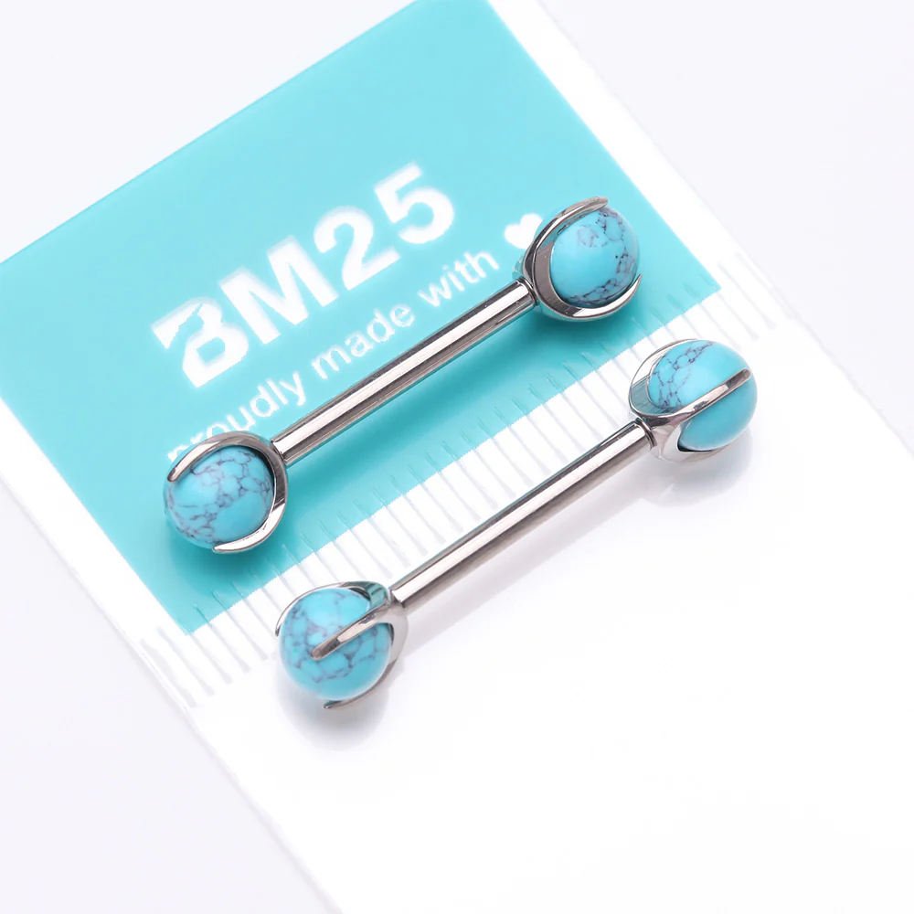 A Pair of Implant Grade Titanium Turquoise Stone Ball Claw Prong Internally Threaded Nipple Barbell - Image 5