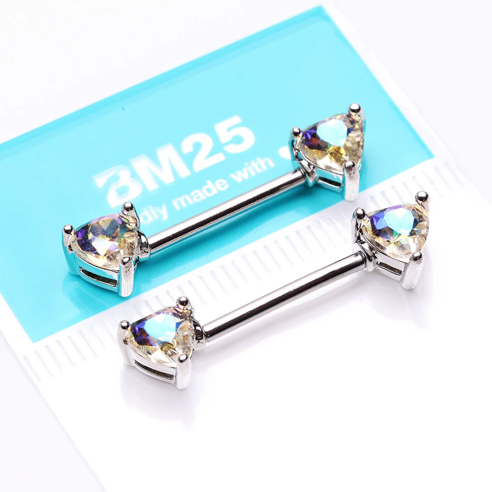 A Pair of Iridescent Heart Sparkle Nipple Barbell - Image 3