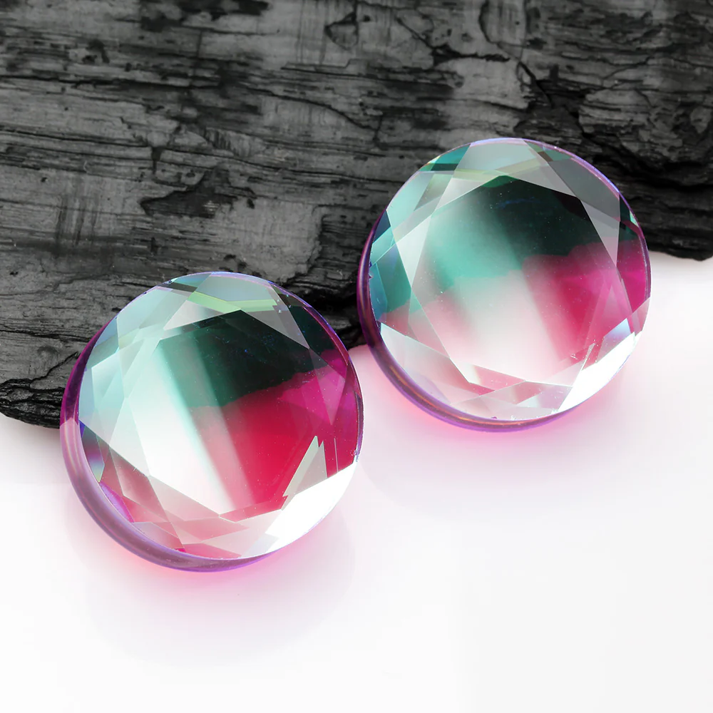 A Pair of Iridescent Multi-Faceted Glass Double Flared Plug - Image 4