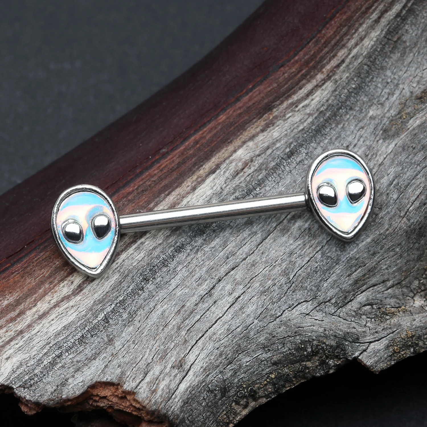 A Pair of Iridescent Revo Alien Head Nipple Barbell - Image 2