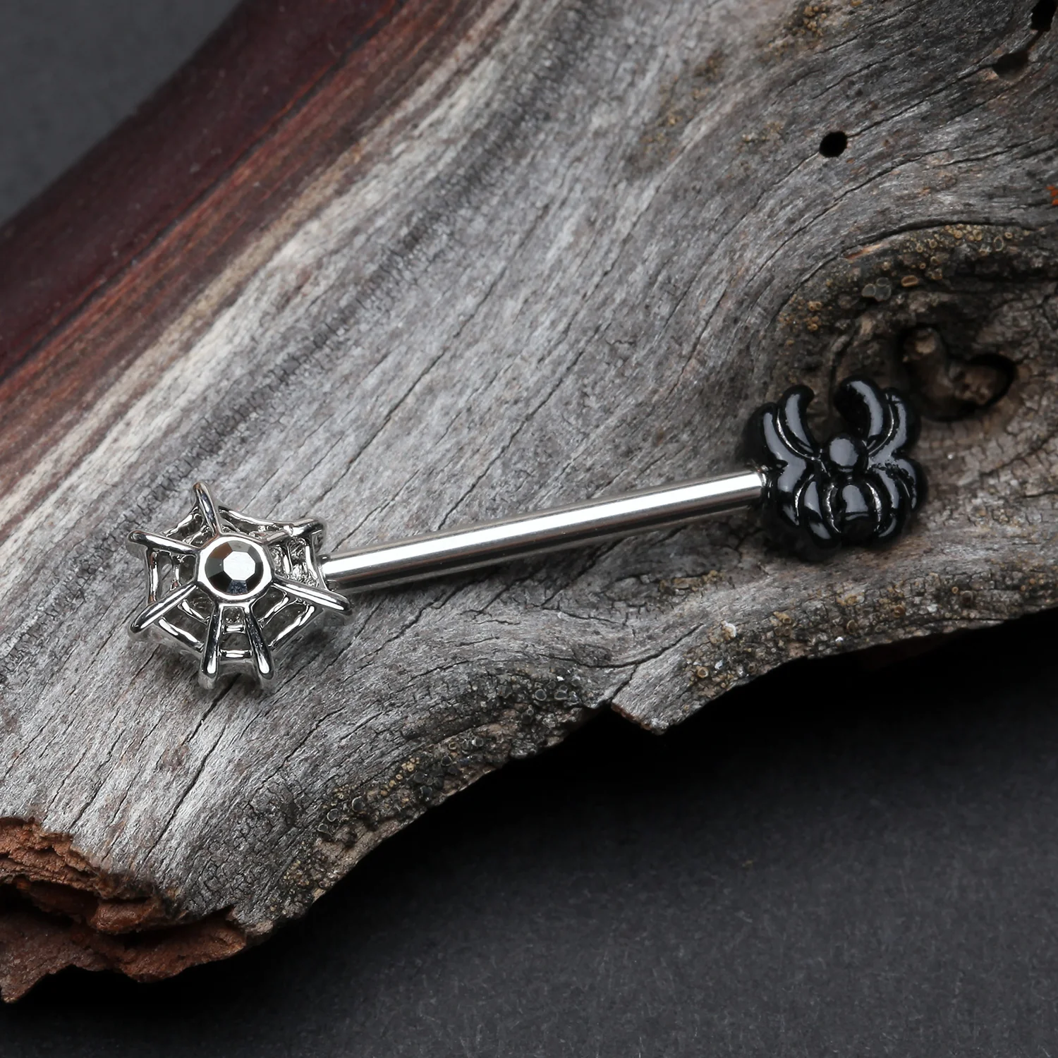 A Pair of Itsy Goth Spider and Web Nipple Barbell - Image 2